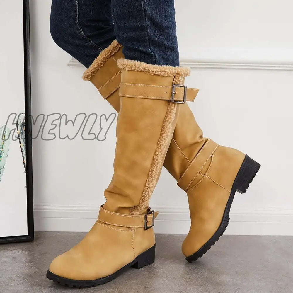 Hnewly Warm Knee High Snow Boots Winter Fur Lined Riding Yellow / 5