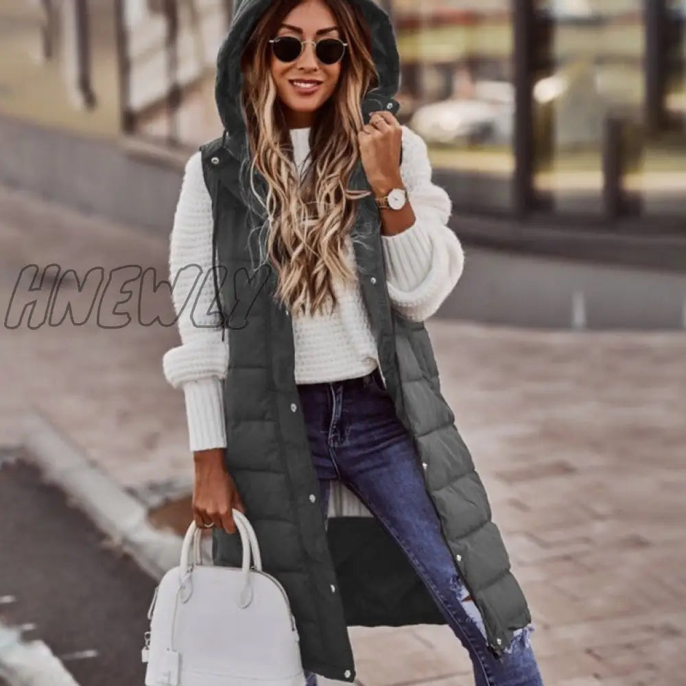 Hnewly Warm Winter Women Long Vests Fashion Hooded Sleeveless Casual Lady Brief Outwear Vest Blouse