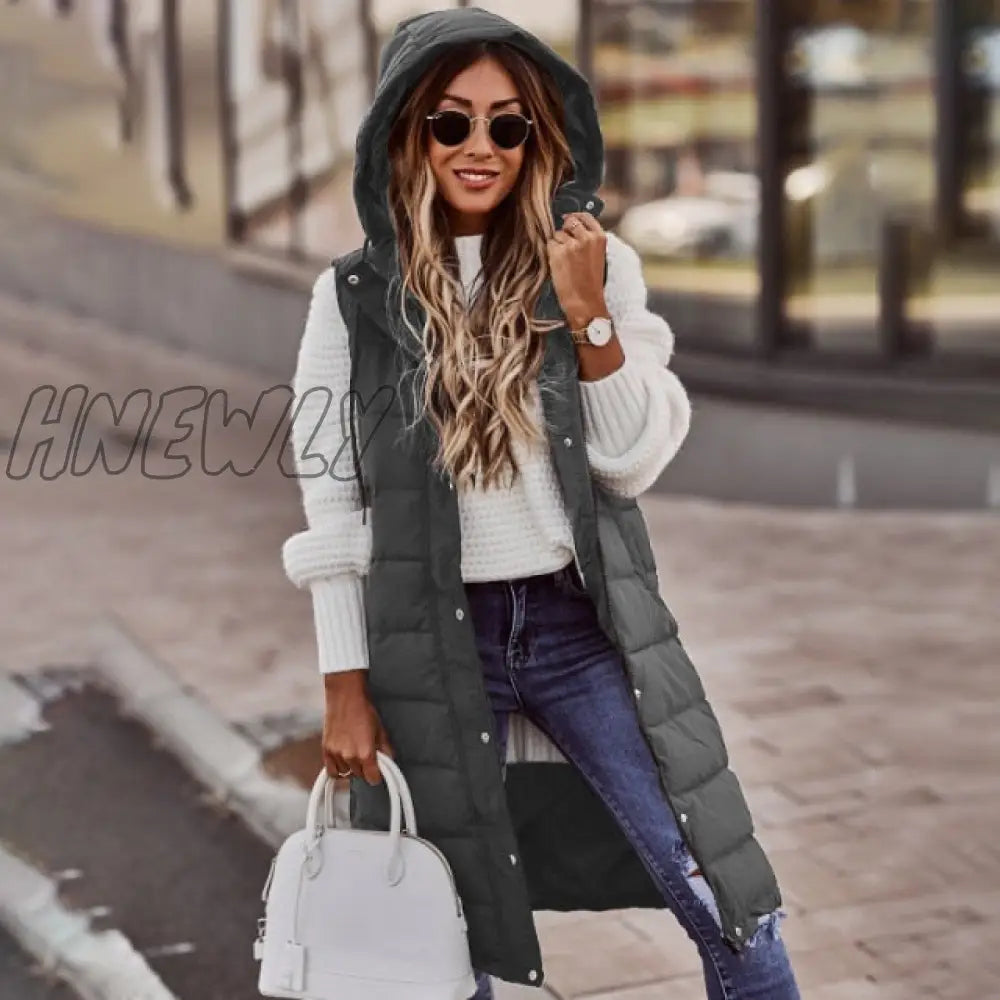 Hnewly Warm Winter Women Long Vests Fashion Hooded Sleeveless Casual Lady Brief Outwear Vest Blouse