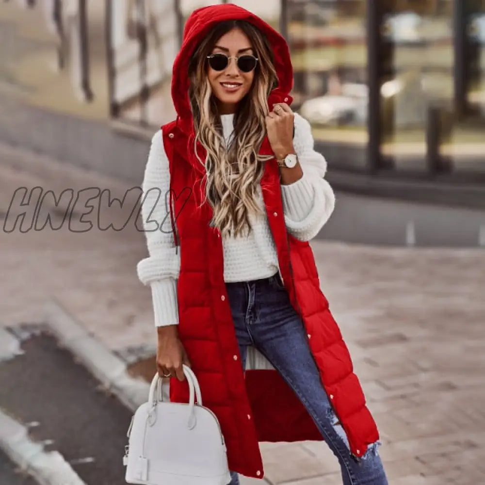 Hnewly Warm Winter Women Long Vests Fashion Hooded Sleeveless Casual Lady Brief Outwear Vest Blouse