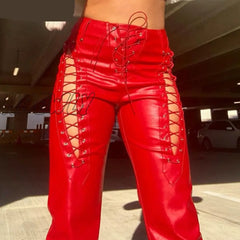 Hnewly Weird Puss Faux Pu Y2K High Waist Pants Women Chic Hollow Out Bandage Sexy Autumn Trend