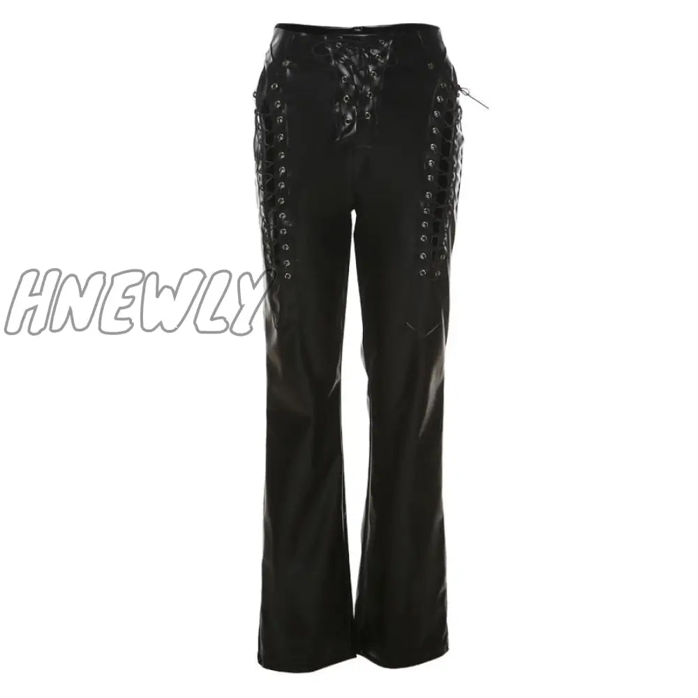 Hnewly Weird Puss Faux Pu Y2K High Waist Pants Women Chic Hollow Out Bandage Sexy Autumn Trend