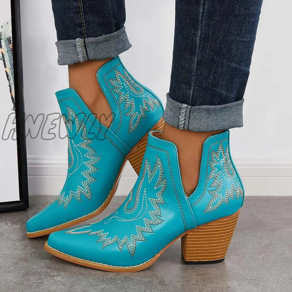 Hnewly Western Ankle Cowgirl Boots Slip On Cutout Chunky Heel Booties