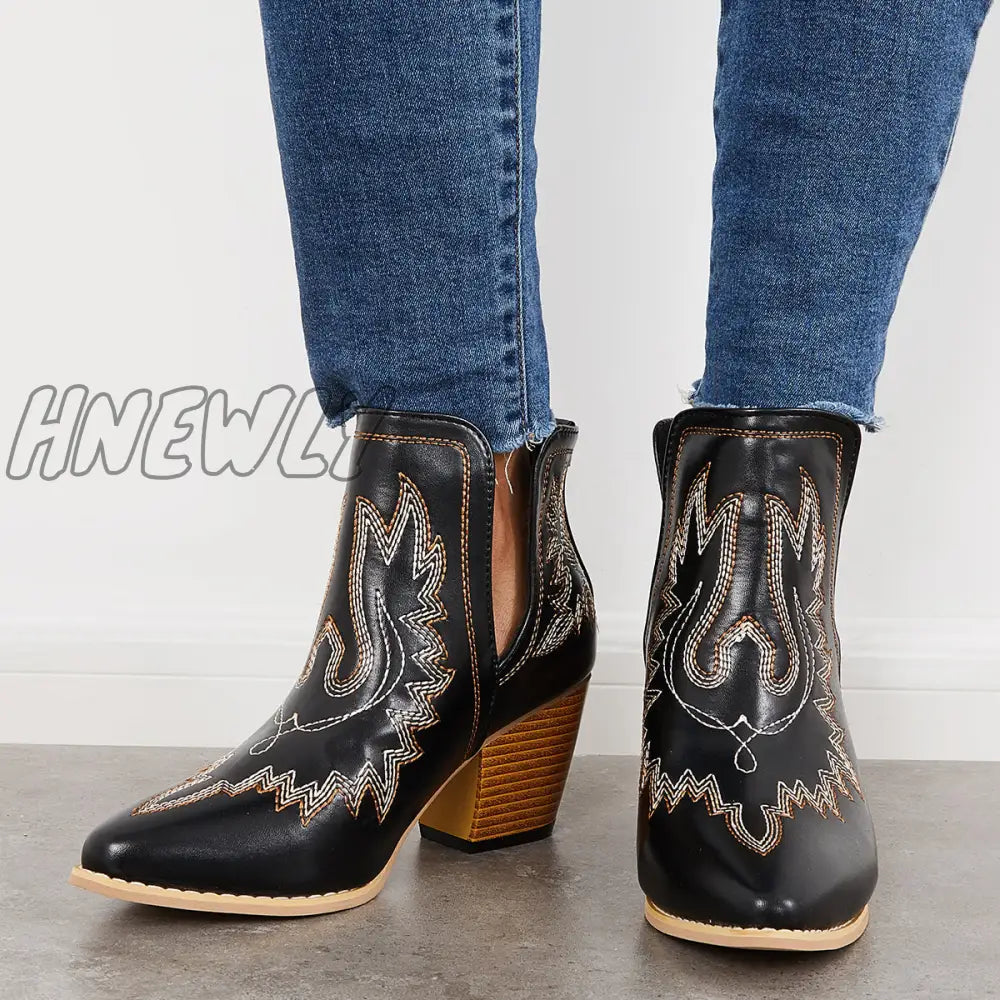 Hnewly Western Ankle Cowgirl Boots Slip On Cutout Chunky Heel Booties