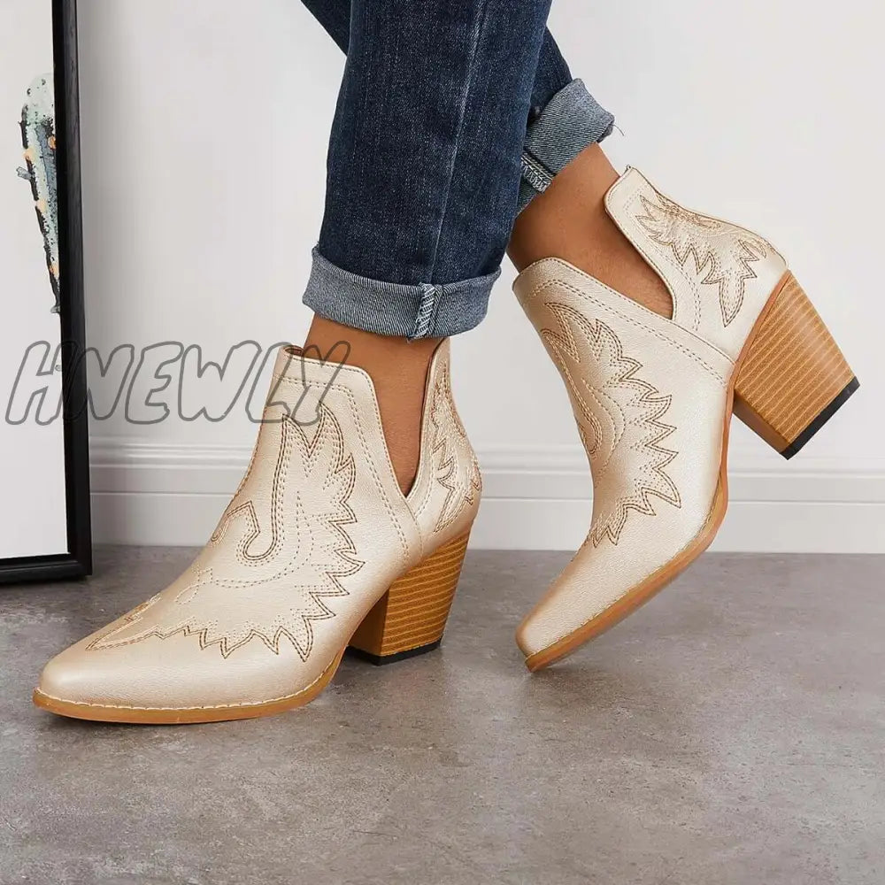 Hnewly Western Ankle Cowgirl Boots Slip On Cutout Chunky Heel Booties