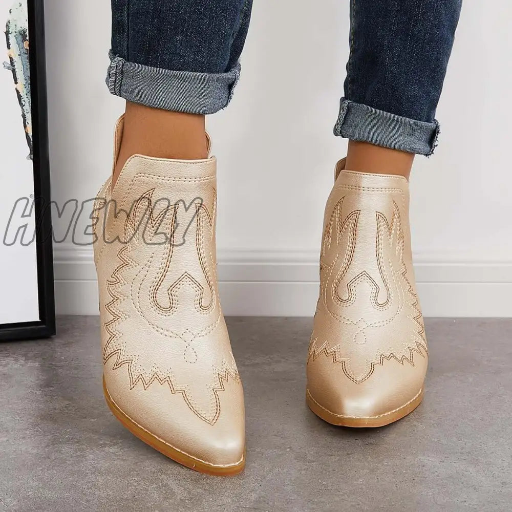 Hnewly Western Ankle Cowgirl Boots Slip On Cutout Chunky Heel Booties