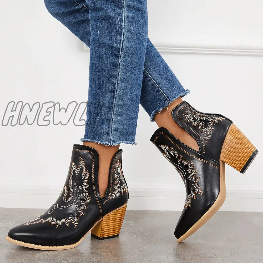 Hnewly Western Ankle Cowgirl Boots Slip On Cutout Chunky Heel Booties