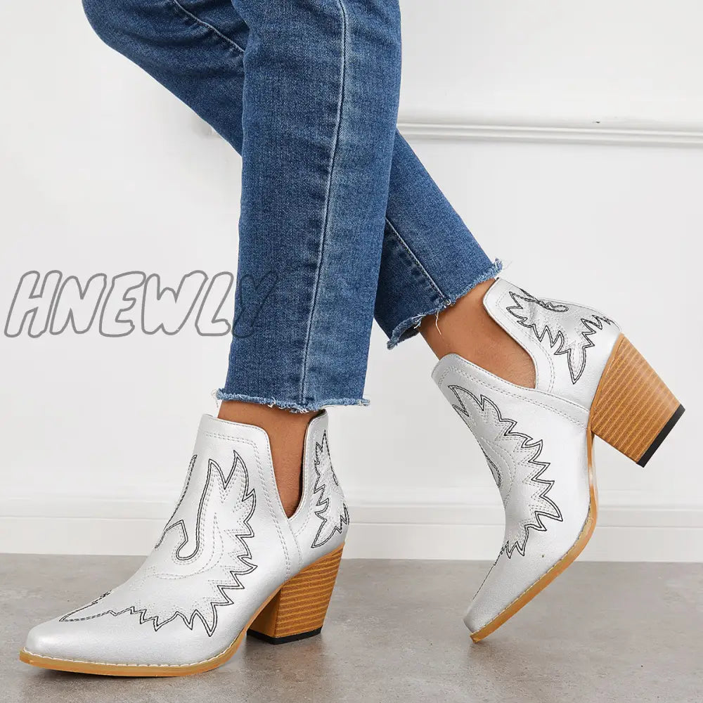 Hnewly Western Ankle Cowgirl Boots Slip On Cutout Chunky Heel Booties