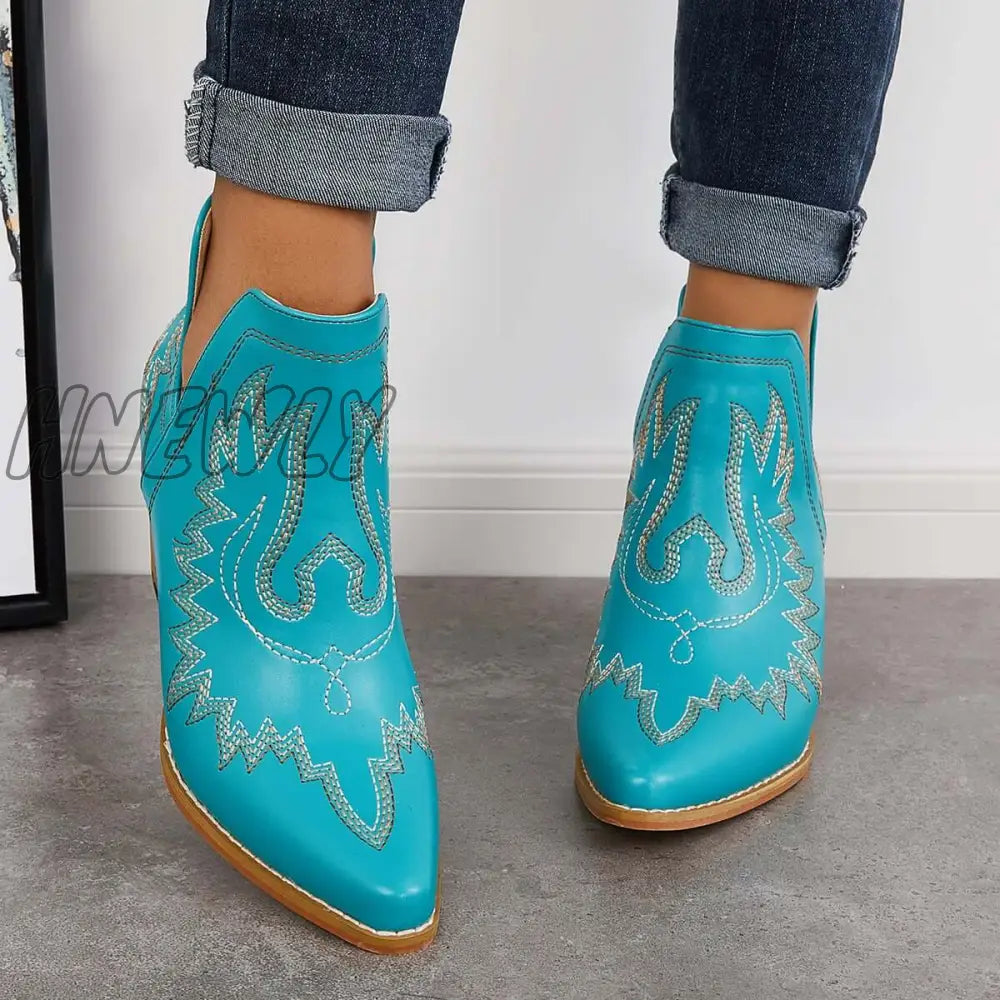 Hnewly Western Ankle Cowgirl Boots Slip On Cutout Chunky Heel Booties