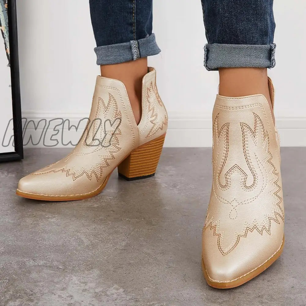 Hnewly Western Ankle Cowgirl Boots Slip On Cutout Chunky Heel Booties