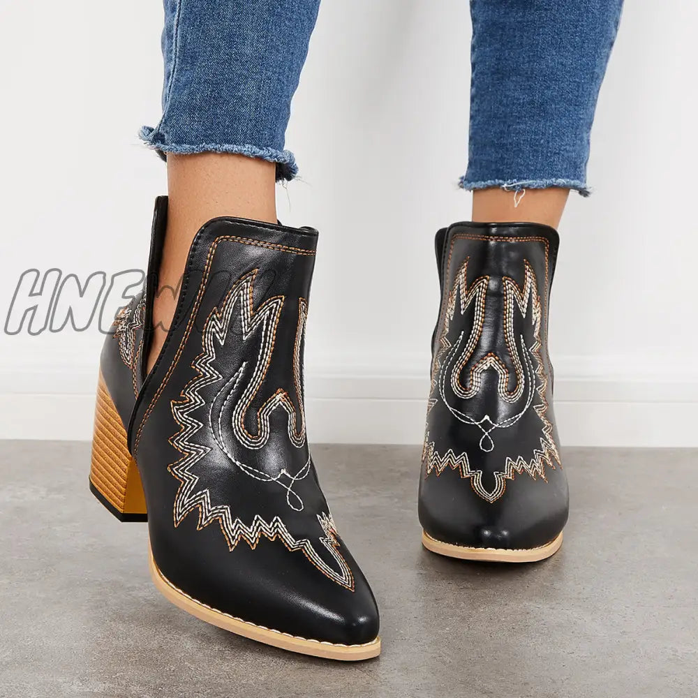 Hnewly Western Ankle Cowgirl Boots Slip On Cutout Chunky Heel Booties