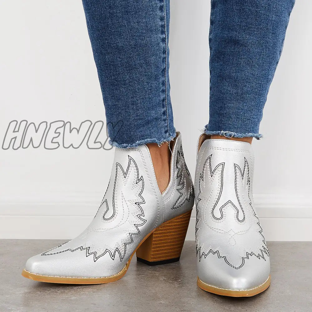 Hnewly Western Ankle Cowgirl Boots Slip On Cutout Chunky Heel Booties