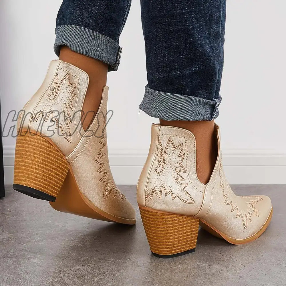 Hnewly Western Ankle Cowgirl Boots Slip On Cutout Chunky Heel Booties