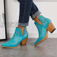 Hnewly Western Ankle Cowgirl Boots Slip On Cutout Chunky Heel Booties