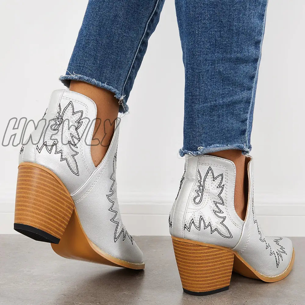 Hnewly Western Ankle Cowgirl Boots Slip On Cutout Chunky Heel Booties