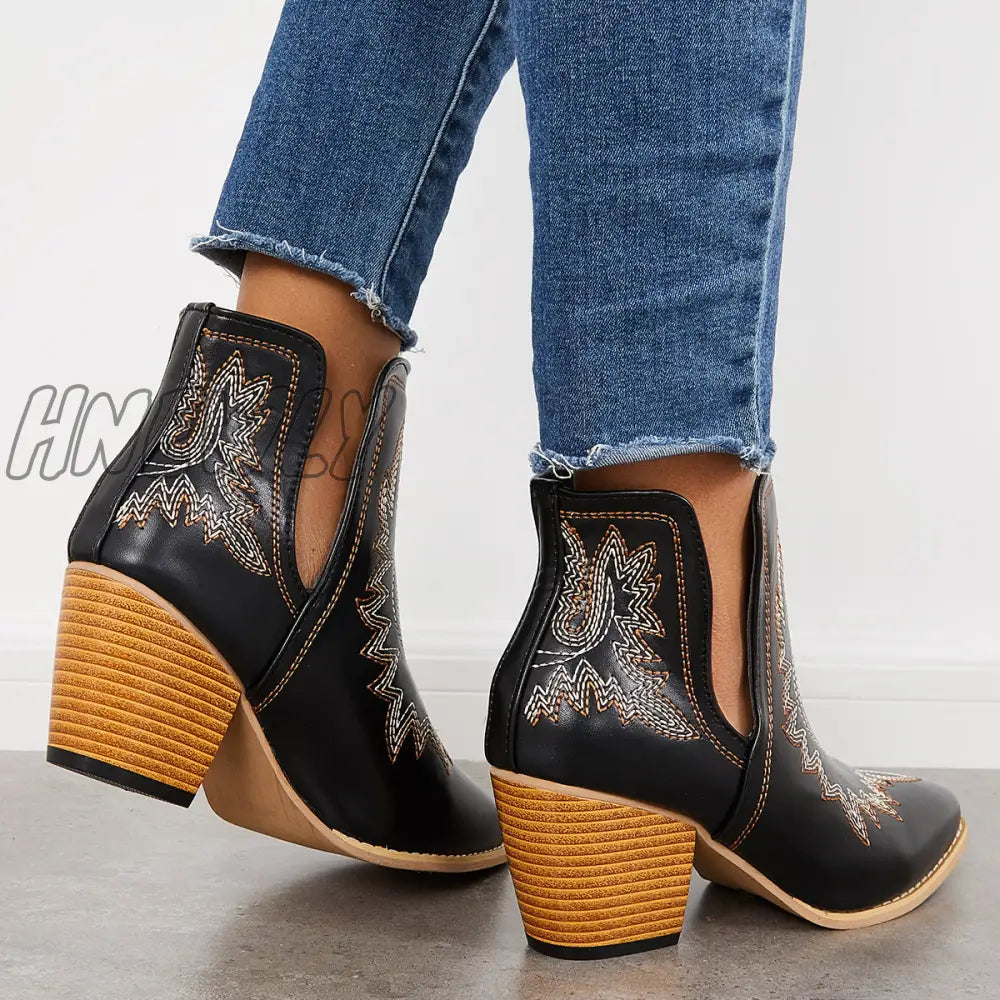 Hnewly Western Ankle Cowgirl Boots Slip On Cutout Chunky Heel Booties