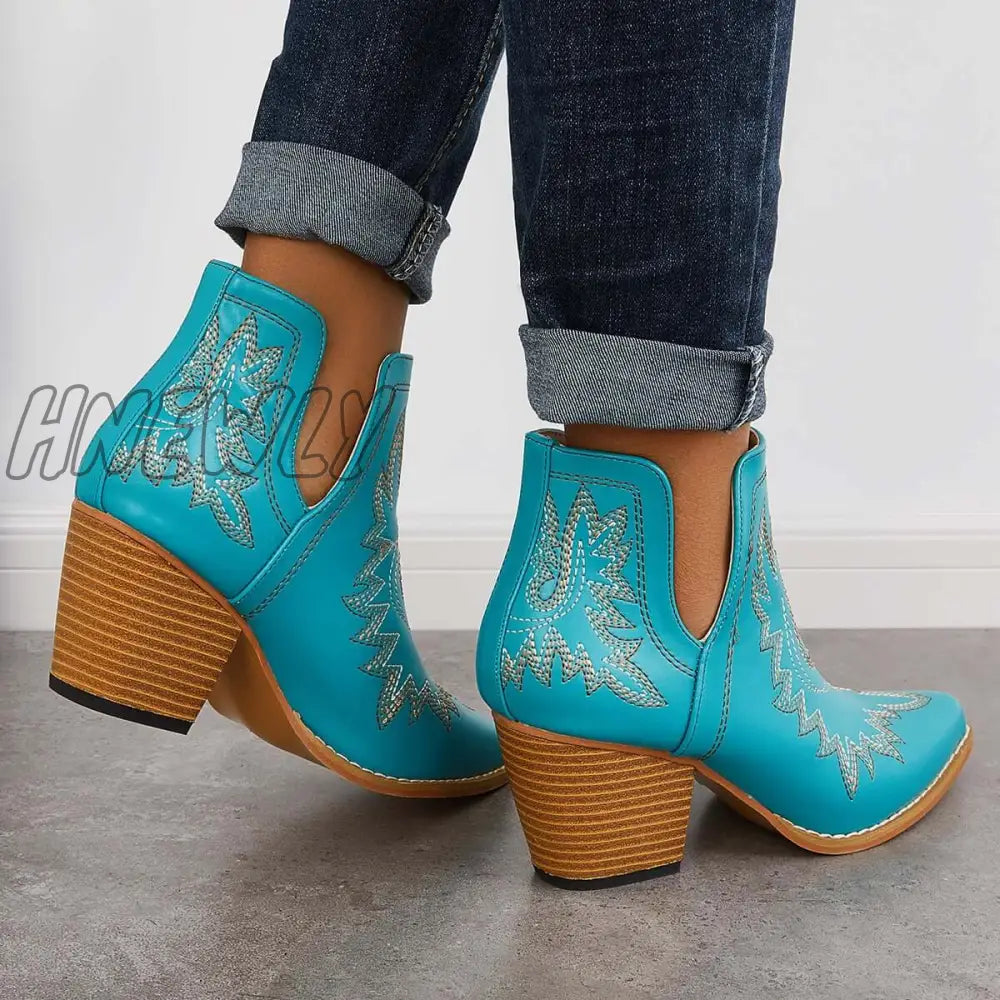 Hnewly Western Ankle Cowgirl Boots Slip On Cutout Chunky Heel Booties