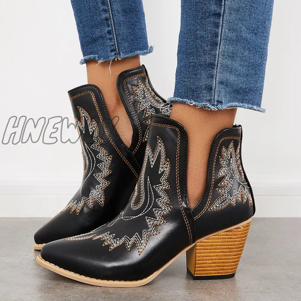 Hnewly Western Ankle Cowgirl Boots Slip On Cutout Chunky Heel Booties Black / 5