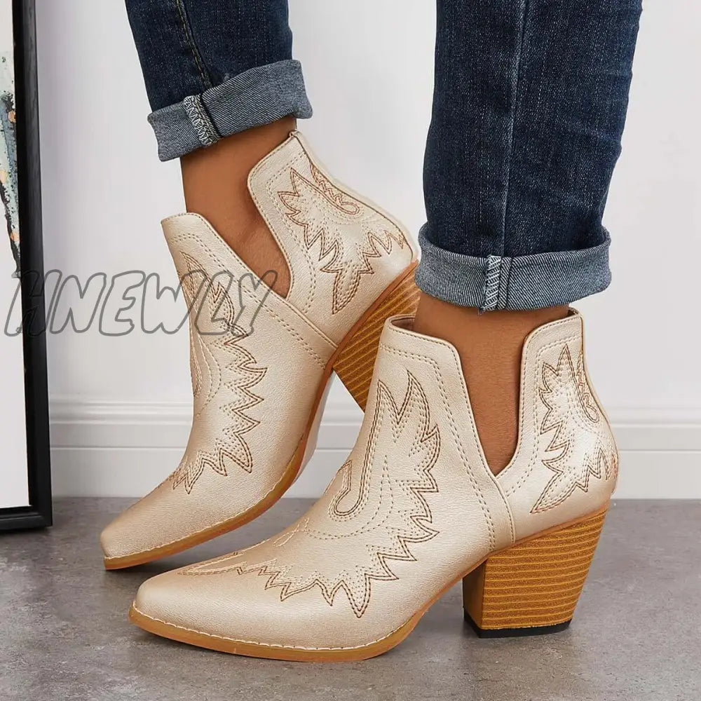 Hnewly Western Ankle Cowgirl Boots Slip On Cutout Chunky Heel Booties Gold / 5