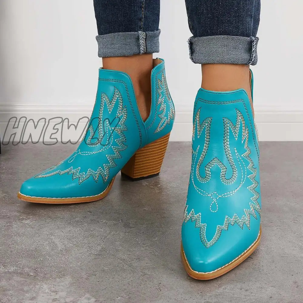 Hnewly Western Ankle Cowgirl Boots Slip On Cutout Chunky Heel Booties Green / 5