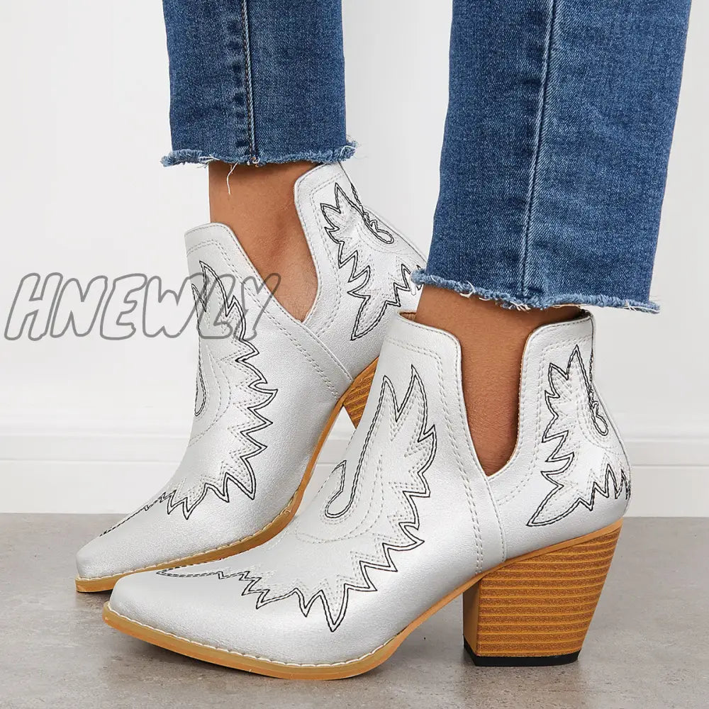 Hnewly Western Ankle Cowgirl Boots Slip On Cutout Chunky Heel Booties Silver / 5