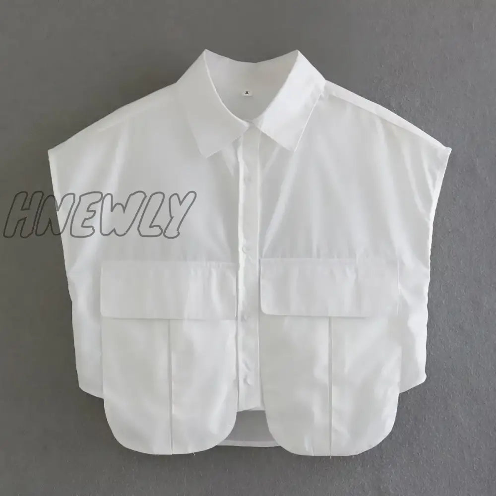 Hnewly White Cropped Sleeveless Shirt Women Fashion Pockets Design Tank Top Female Chic Lady High