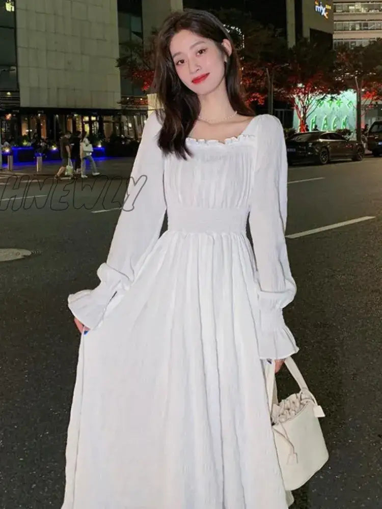 Hnewly White Elegant Dress Women Square Collar Long Sleeve Dresses Vintage Autumn Fairy Robe Korean