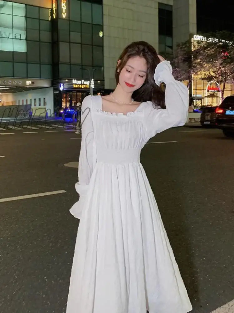 Hnewly White Elegant Dress Women Square Collar Long Sleeve Dresses Vintage Autumn Fairy Robe Korean