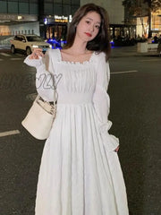 Hnewly White Elegant Dress Women Square Collar Long Sleeve Dresses Vintage Autumn Fairy Robe Korean