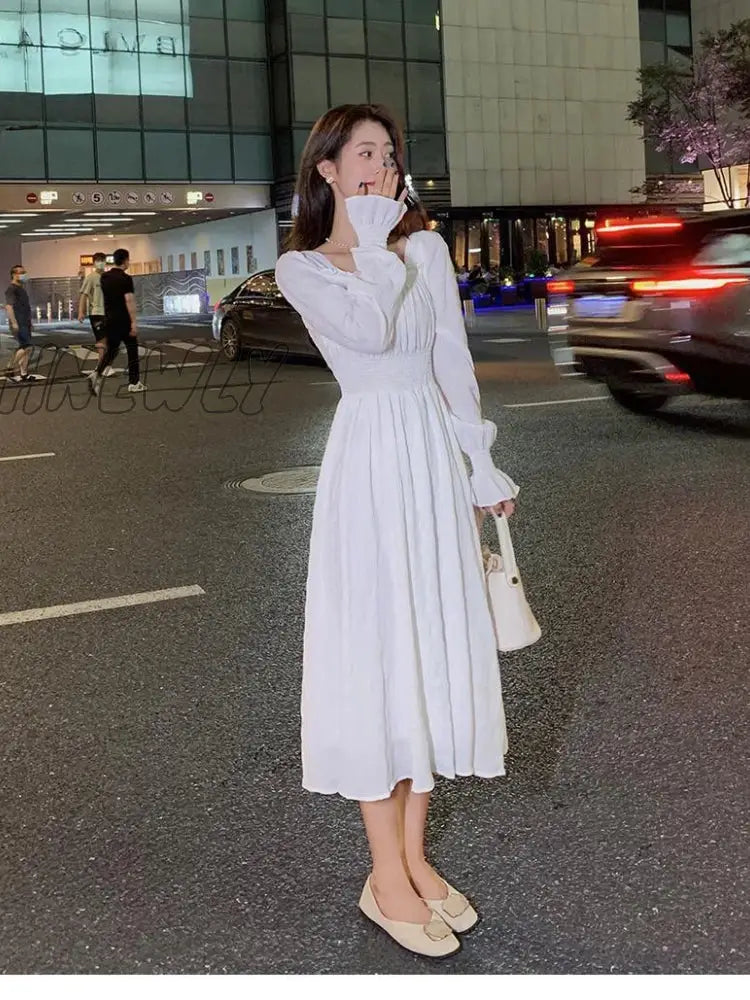 Hnewly White Elegant Dress Women Square Collar Long Sleeve Dresses Vintage Autumn Fairy Robe Korean