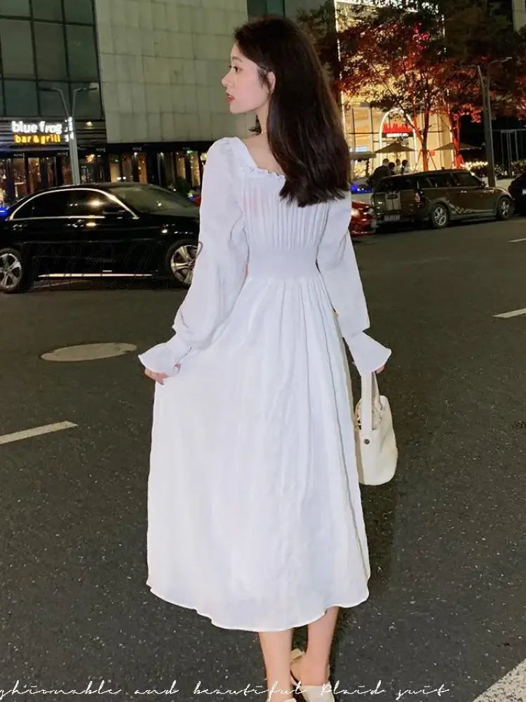 Hnewly White Elegant Dress Women Square Collar Long Sleeve Dresses Vintage Autumn Fairy Robe Korean