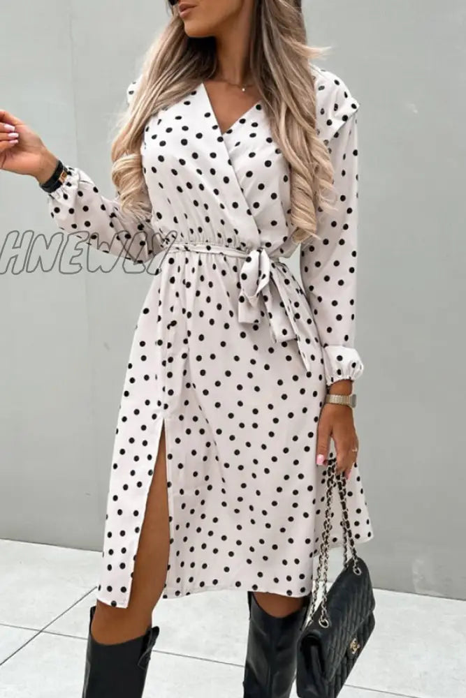 Hnewly - White Elegant Polka Dot Frenulum Slit Printing V Neck Printed Dress Dresses Dresses Long