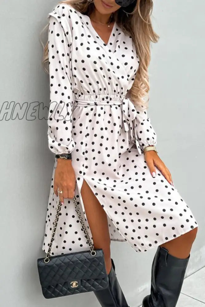 Hnewly - White Elegant Polka Dot Frenulum Slit Printing V Neck Printed Dress Dresses Dresses Long