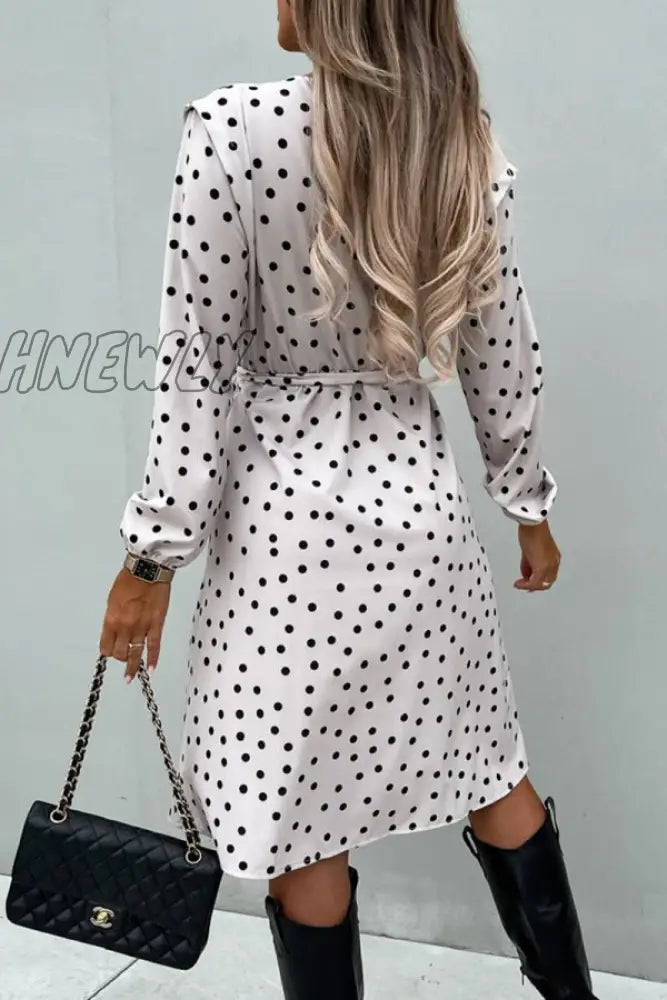 Hnewly - White Elegant Polka Dot Frenulum Slit Printing V Neck Printed Dress Dresses Dresses Long