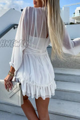 Hnewly - White Elegant Solid Fold Mandarin Collar Princess Dresses Dresses Chiffon