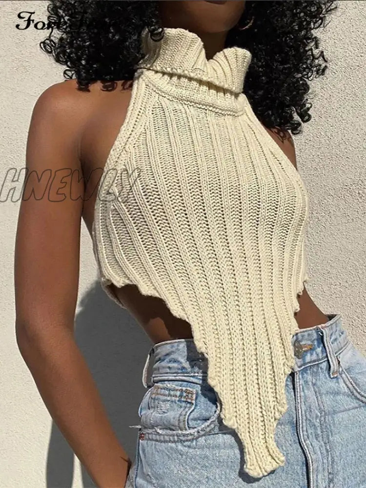 Hnewly White Halter Neck Y2K Tank Top Knitted Off Shoulder Sexy Spring Summer Fashion Women