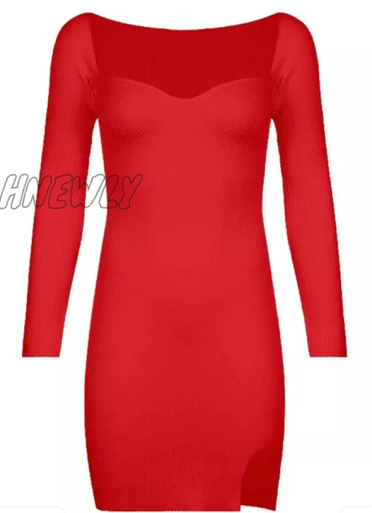 Hnewly White Knit Long Sleeve Basic Mini Dress For New Year Red / S