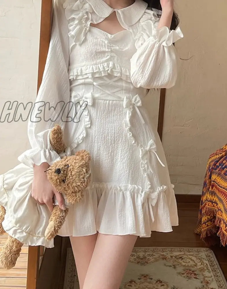 Hnewly White Korean Style Sweet Lolita Dress Women Bow Cute Kawaii Party Mini Dresses Female