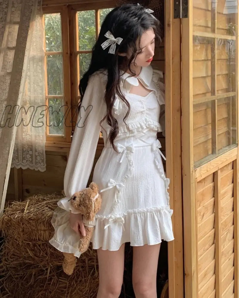 Hnewly White Korean Style Sweet Lolita Dress Women Bow Cute Kawaii Party Mini Dresses Female