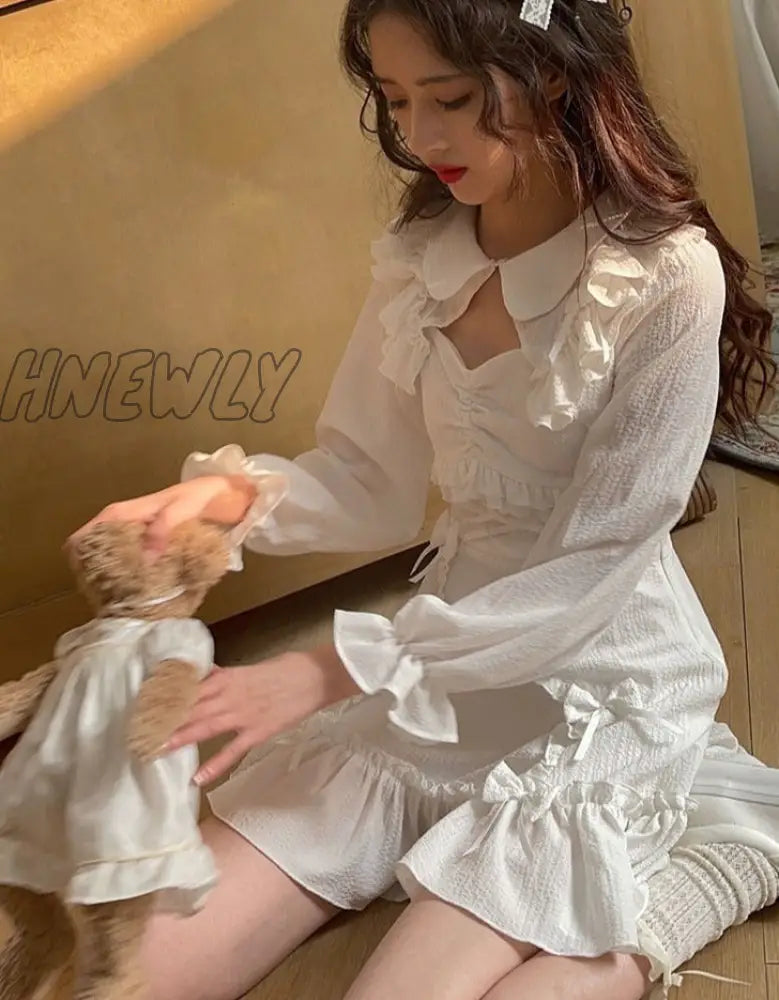 Hnewly White Korean Style Sweet Lolita Dress Women Bow Cute Kawaii Party Mini Dresses Female