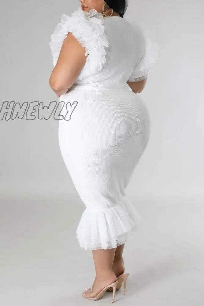 Hnewly - White Party Elegant Patchwork Print Bandage Mesh V Neck Trumpet Mermaid Dresses Pre Order