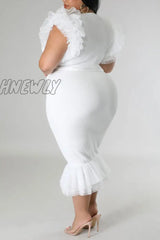 Hnewly - White Party Elegant Patchwork Print Bandage Mesh V Neck Trumpet Mermaid Dresses Pre Order