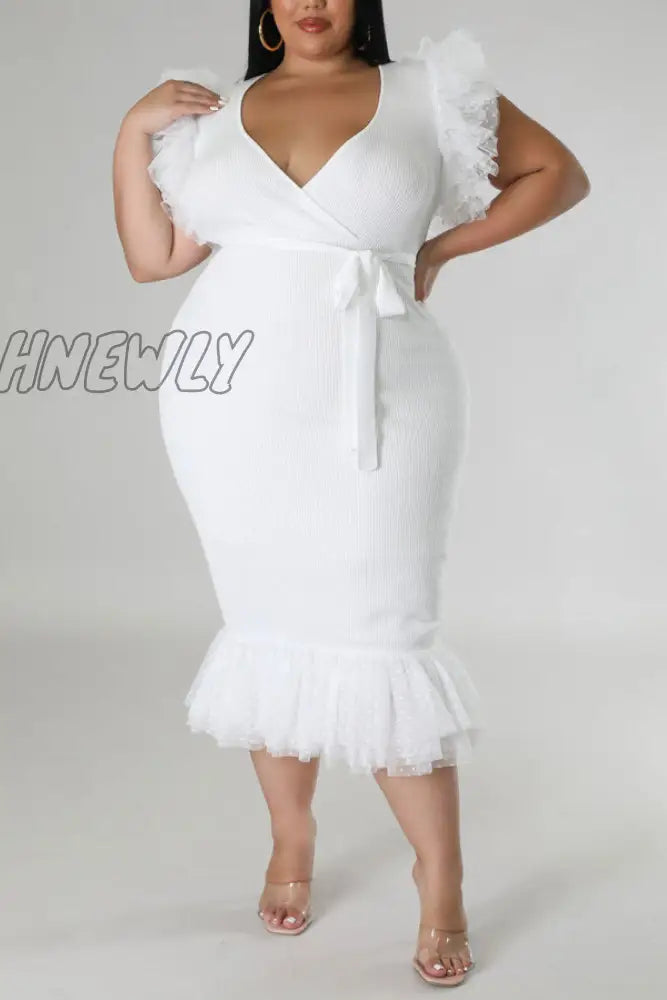 Hnewly - White Party Elegant Patchwork Print Bandage Mesh V Neck Trumpet Mermaid Dresses Pre Order