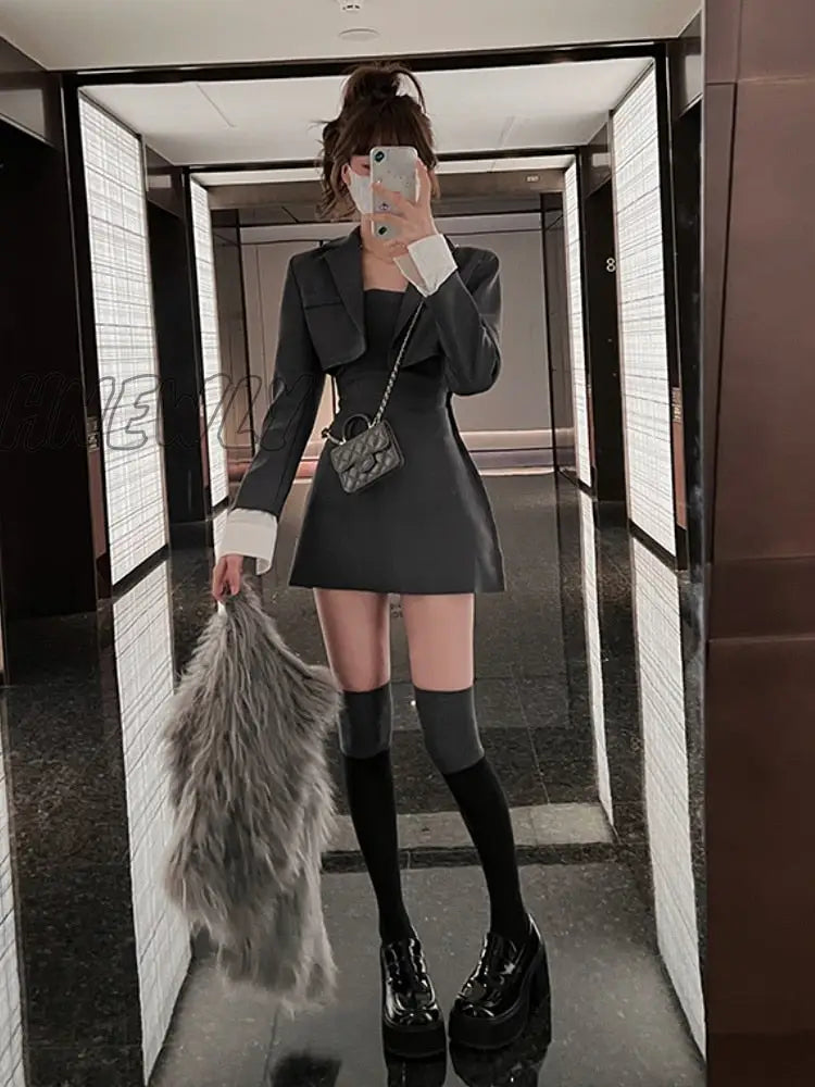 Hnewly Winter Black Two Piece Dress Set Women Blazer Coat + Strap Female Casual Korean Fashion Slim