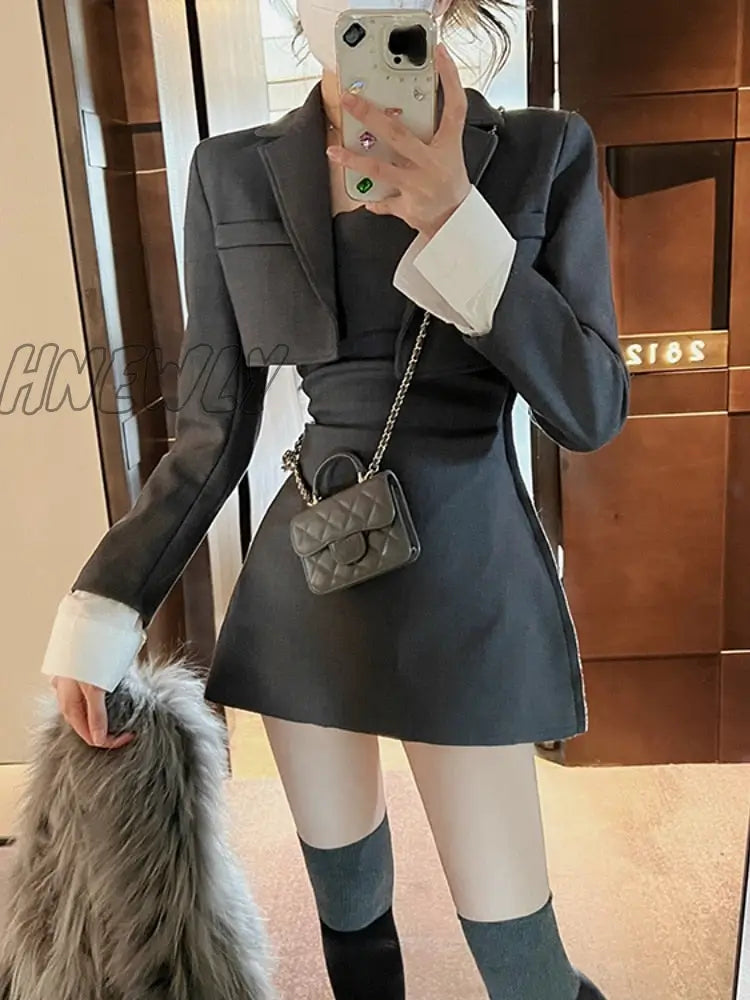 Hnewly Winter Black Two Piece Dress Set Women Blazer Coat + Strap Female Casual Korean Fashion Slim