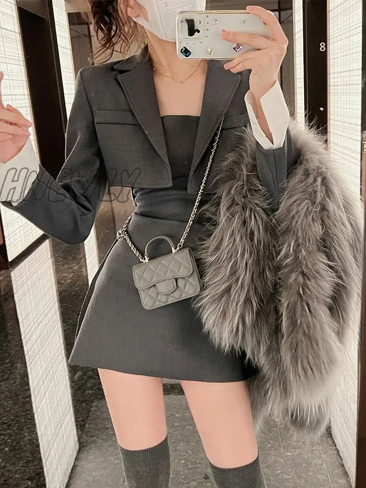 Hnewly Winter Black Two Piece Dress Set Women Blazer Coat + Strap Female Casual Korean Fashion Slim