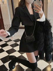 Hnewly Winter Black Two Piece Dress Set Women Blazer Coat + Strap Female Casual Korean Fashion Slim