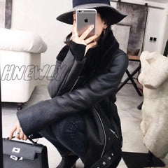 Hnewly Winter Coats Women Thick Faux Leather Fur Sheepskin Coat Female Jacket Aviator Casaco