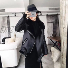 Hnewly Winter Coats Women Thick Faux Leather Fur Sheepskin Coat Female Jacket Aviator Casaco