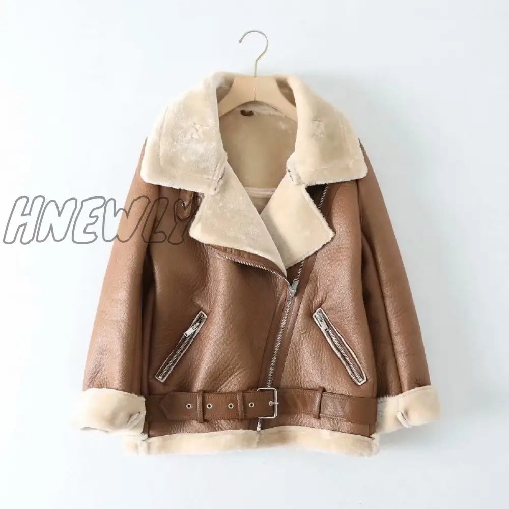 Hnewly Winter Coats Women Thick Faux Leather Fur Sheepskin Coat Female Jacket Aviator Casaco